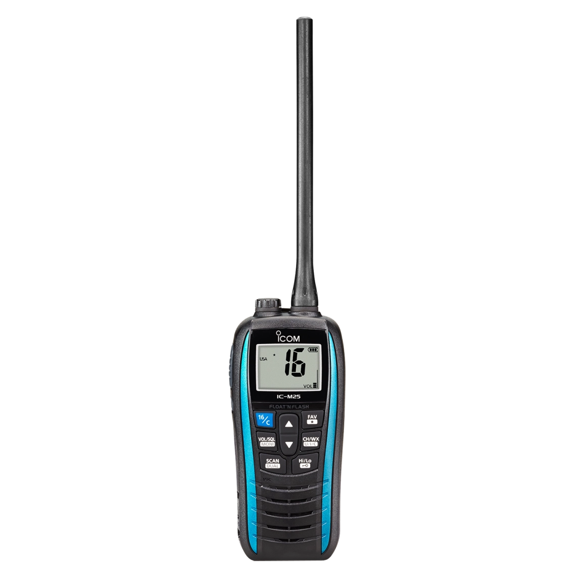 Radio portátil marino ICOM IC-M25A, color azul metálico, Rx: 156.050-163.275MHz Tx: 156.025-157.425MHz, 550mW de salida de audio, IPX7 sumergible, flotante. Incluye batería de 1...