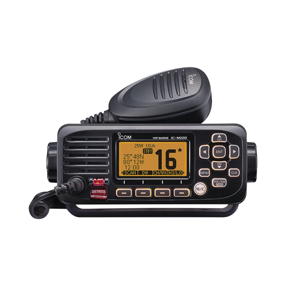 Radio móvil marino ICOM, Tx: 156.025-157.425MHz, Rx: 156.050-163.275MHz, 25W de potencia, sumergible IPX7 incluye: micrófono, cable de alimentación y accesorios IC-M220/13