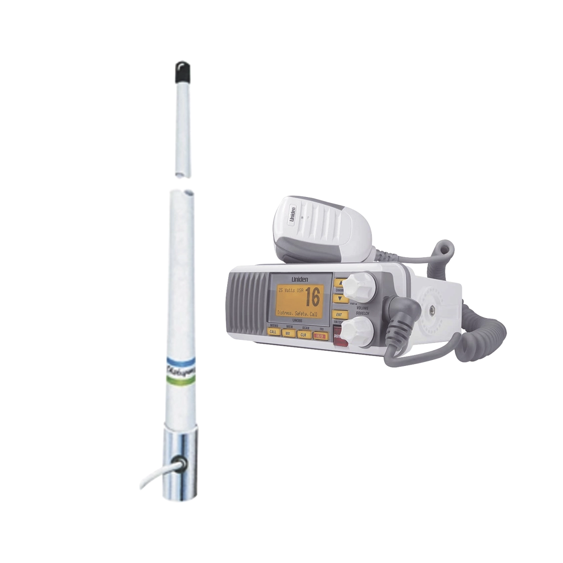 Kit de radio móvil UNIDEN UM385/5101, VHF marino modelo UM-385 color blanco y antena marina Shakespeare de fibra de vidrio 5101.