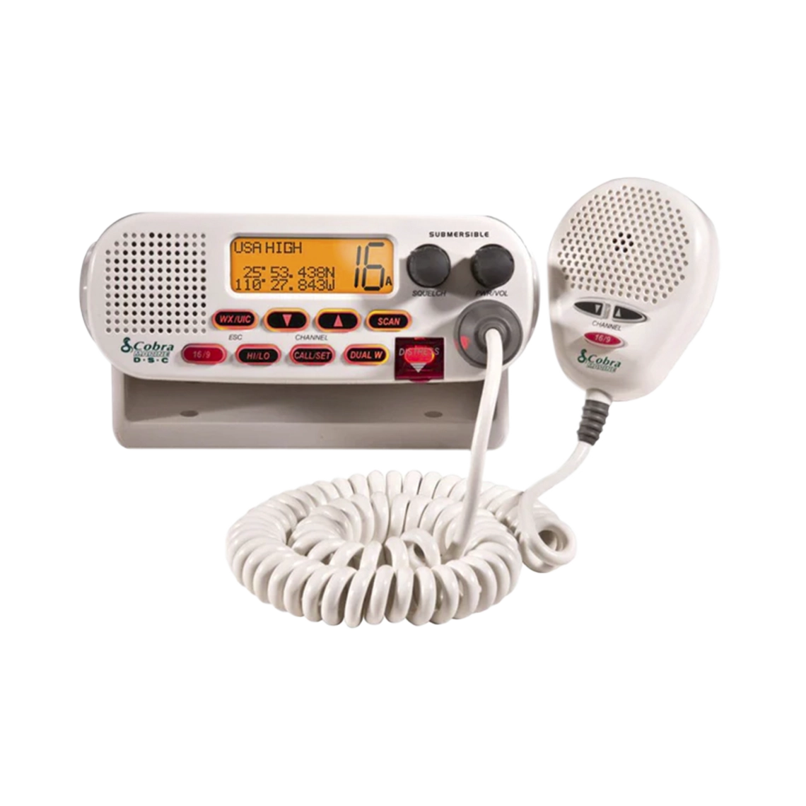 Radio móvil marino COBRA MRF45D, VHF clase D con canales Internacionales, de Canadá y Estados Unidos.
