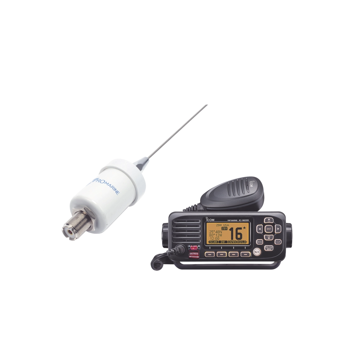 Kit de radio ICOM IC-M220/KIT1600, IC-M220 mas antena marina TX-1600-SYS fabricada en látigo de acero inoxidable.
