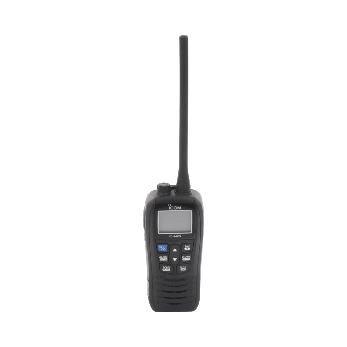Radio portátil marino ICOM IC-M25BLK,  color negro, 5 W de potencia RF, 0.5 W de salida de audio, flotante, sumergible IPX7, Tx: 156.025-157.425MHz, Rx: 156.050-163.275MHz. Incl...