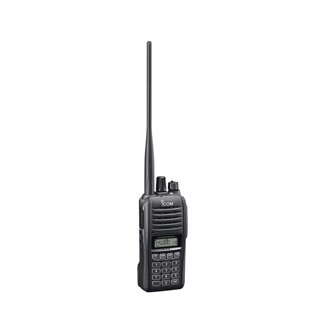 Radio portátil ICOM ICT10, doble banda VHF/UHF, con 5 W de potencia de RF en ambas bandas.