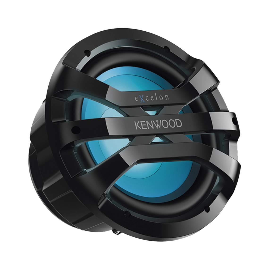 Subwoofer excelon motorsport Kenwood XM1041BL, de 10" fabricado en rejilla color negro, cuenta con iluminación Led ajustable vía RF