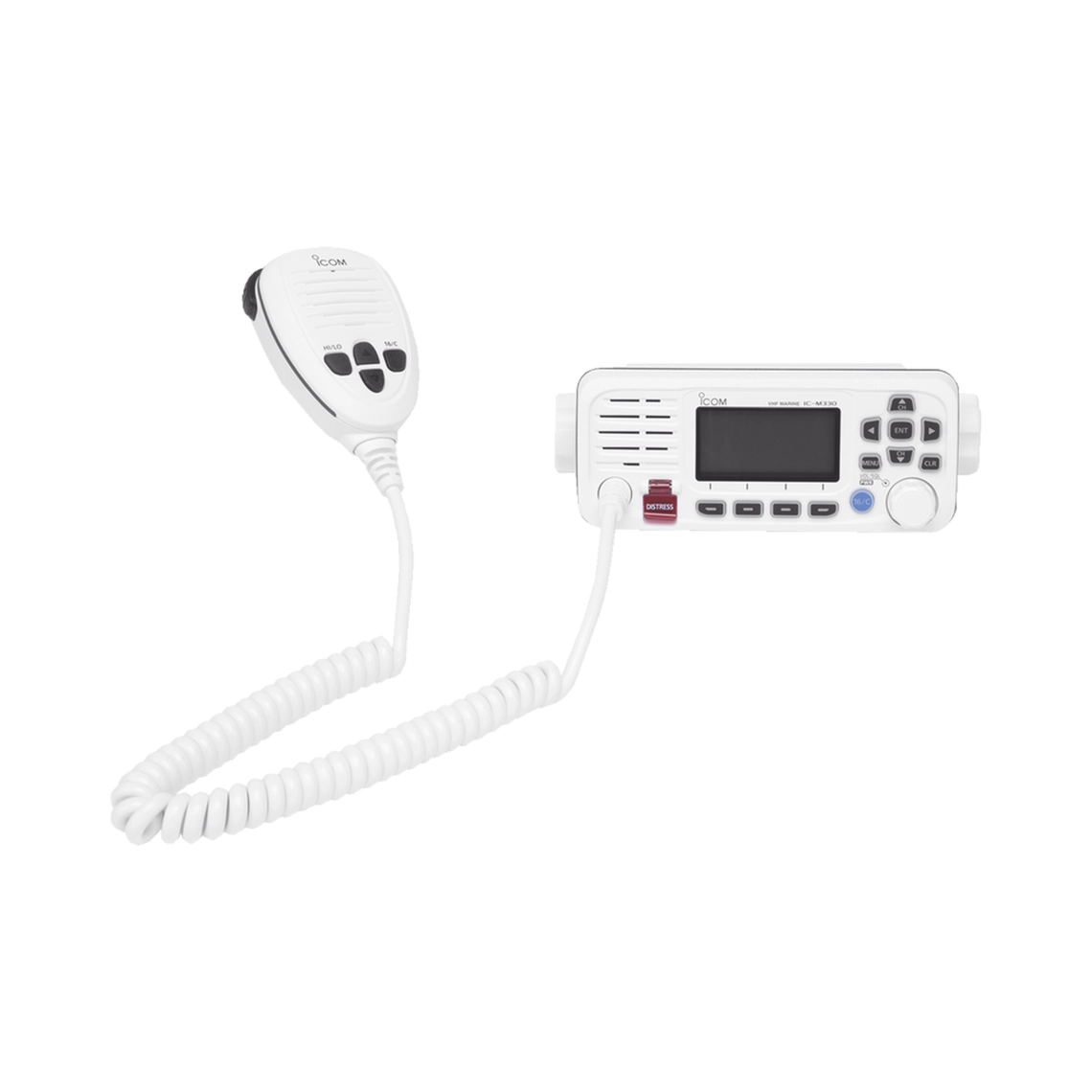Radio móvil marino ICOM, color blanco, clase D DSC. Tx: 156.025 - 157.425 MHz, Rx: 156.050 - 163.275 MHz, 25W de potencia, sumergible IPX7 incluye micrófono y cable de alimentac...