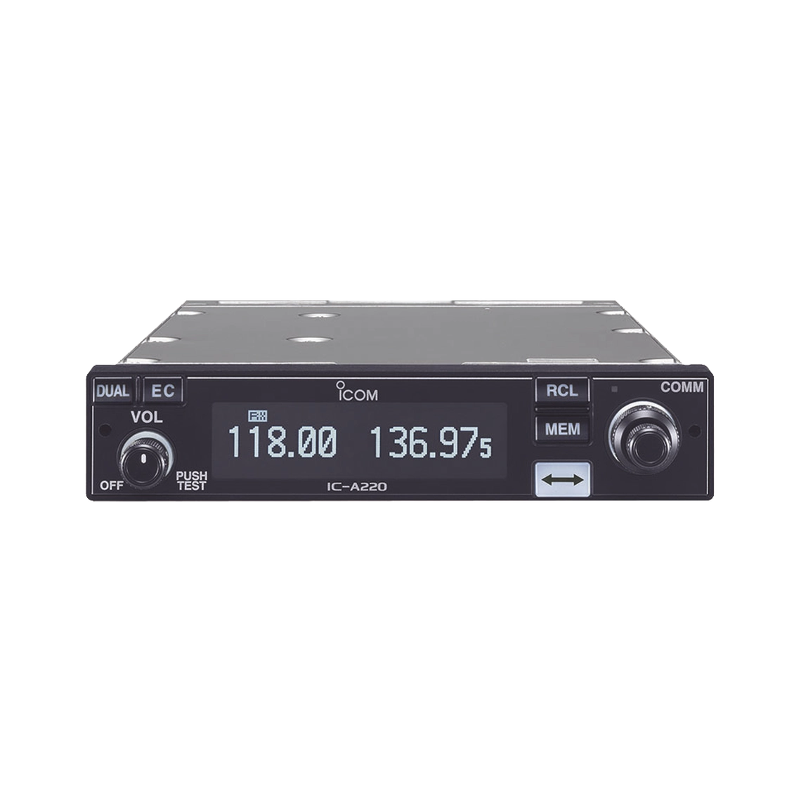 Radio móvil aéreo ICOM IC-A220, en rango de frecuencia, Tx/Rx 118.000-136.975MHz, 25W PEP, 20 canales regulares, 50 canales de memoria.