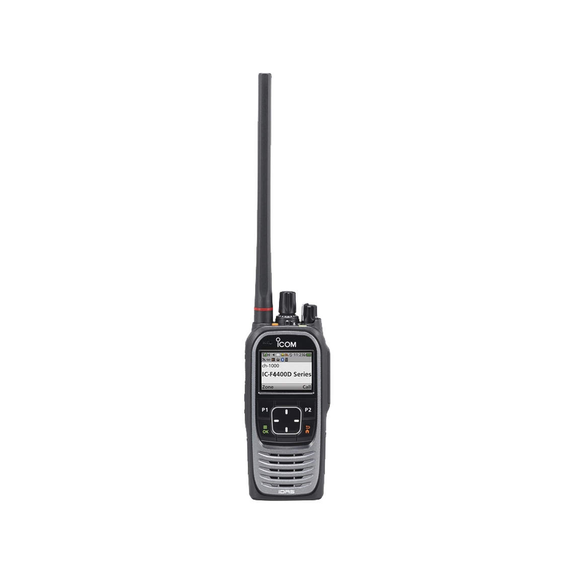 Radio digital ICOM IC-F4400DS/11S, UHF 380-470MHz, con pantalla a color, de 1024 canales, sumergible IP68, encriptación DES, GPS, bluethooth. No incluye cargador ni antena.