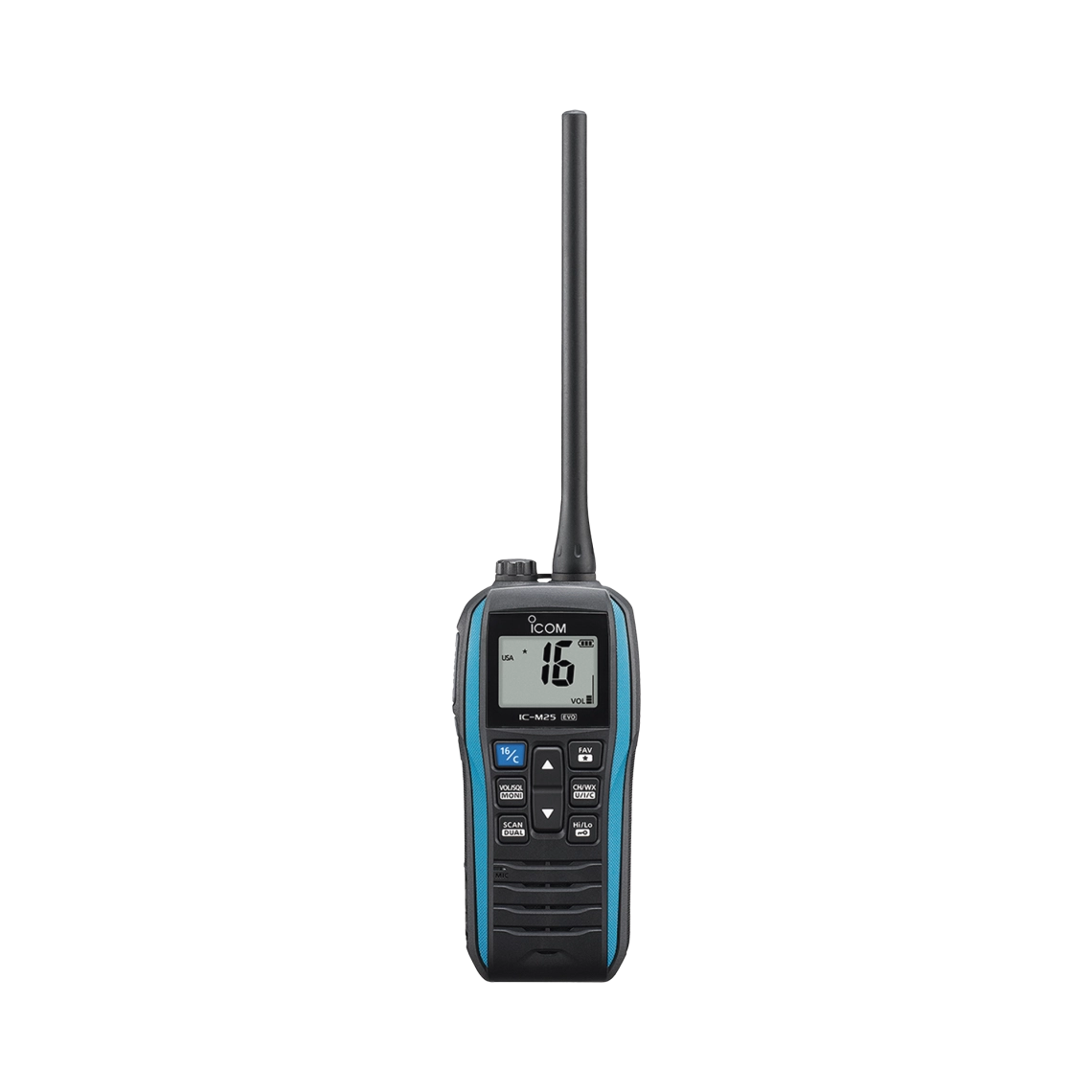 Radio portátil marino color azul metálico, 5 W de potencia RF, 0.5 W de salida de audio, flotante, sumergible IPX7, Tx: 156.025-157.425MHz, Rx: 156.050-163.275MHz , incluye bate...