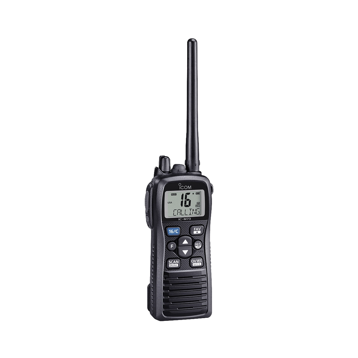Radio portátil marino Icom IC-M73, 6W, rango de frecuencia Tx:156.025-157.425MHz, Rx:156.050-163.275MHz, sumergible IPX8, 700mW de potencia de audio. Incluye Batería, antena, cl...