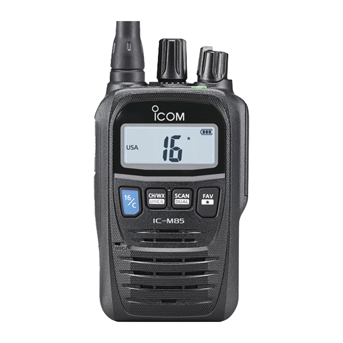 Radio portátil marino ICOM IC-M85, comercial en VHF, incluye los canales USA, INT, CAN, y del clima.