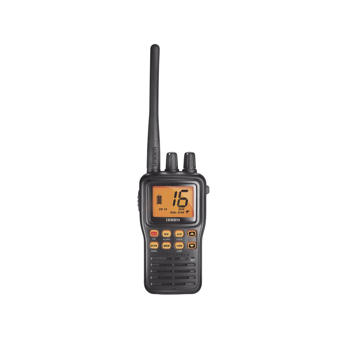 Radio Marino Portátil VHF UNIDEN MHS75, flotante y sumergible, Rx: 156.050-163.275MHz Tx: 156.025-157.425MHz, cumple con los canales marinos Internacionales, de EUA y Canadá.