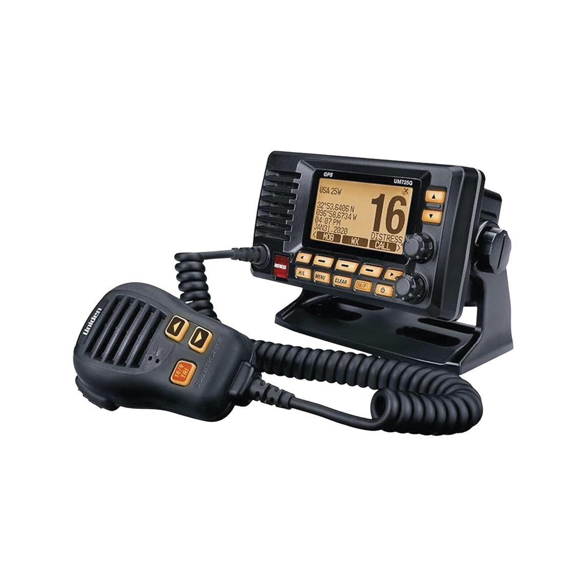 Radio Móvil Marino VHF UNIDEN UM725GBK, color negro con receptor de GPS integrado, puerto de conexión NMEA 2000, 25W de potencia de RF, sumergible IPX8